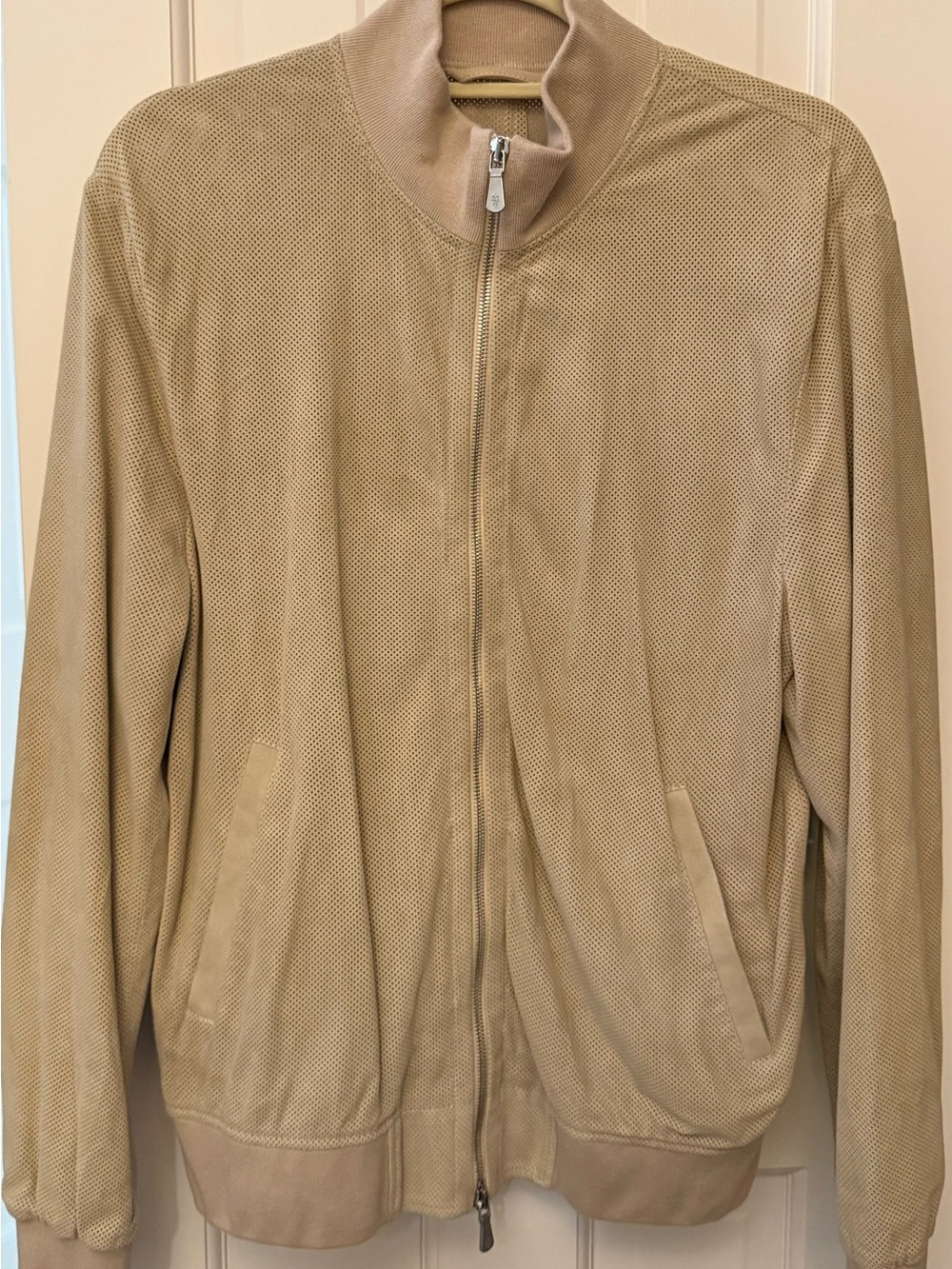 Eleventy Beige Perforated leather Bomber Jacket